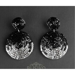 Black & Silver Beaded Circle Handmade Drop Style Earrings NWT Evening Jewelry